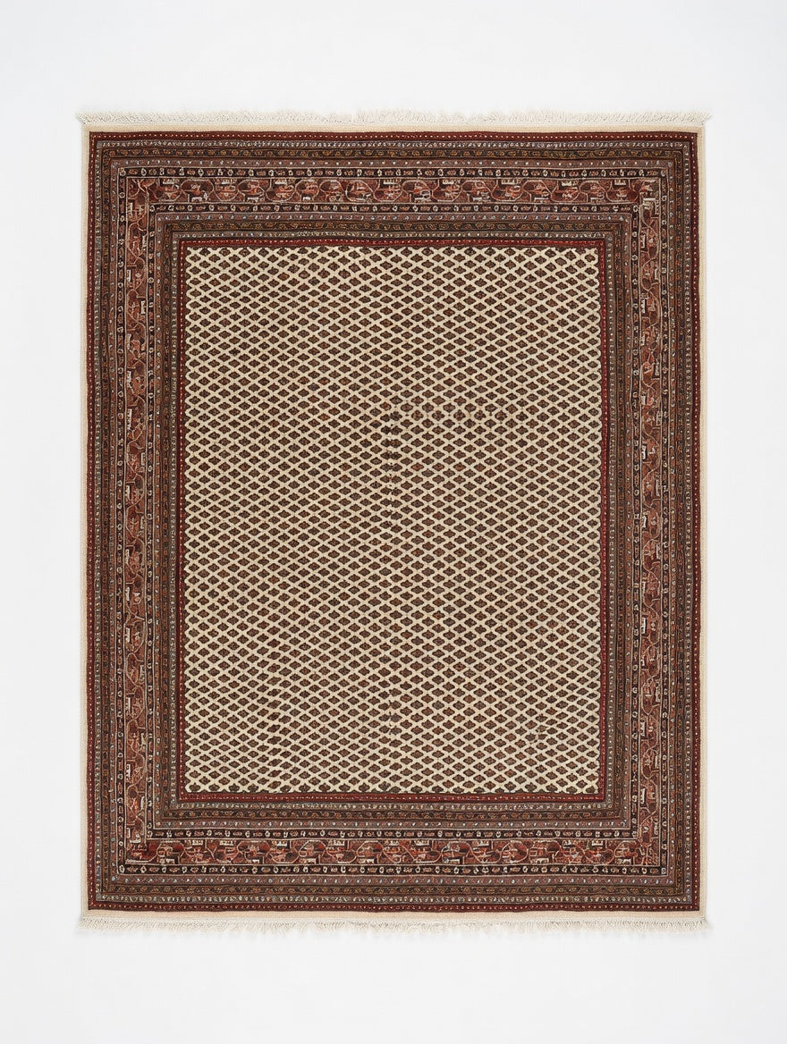 Tapis Mir indien fait main, motif Boteh ivoire