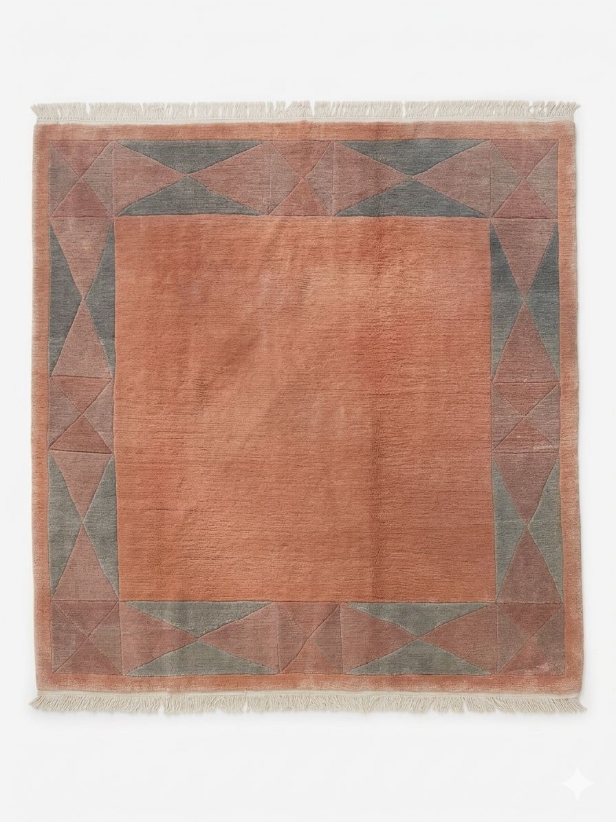 Tapis népalais noué main, motifs losanges terracotta et vert sauge, 219x228 cm