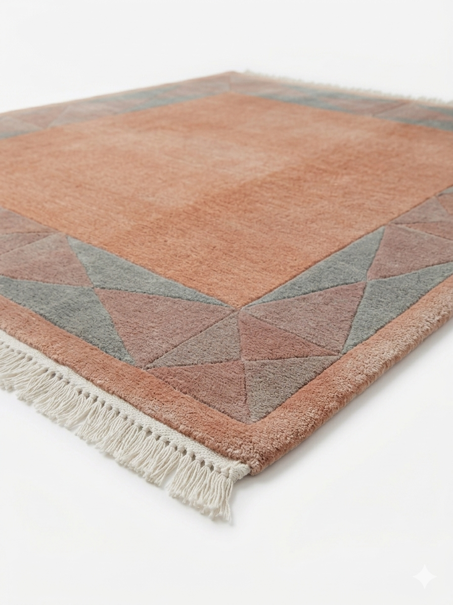 Tapis népalais, détail des motifs géométriques terracotta