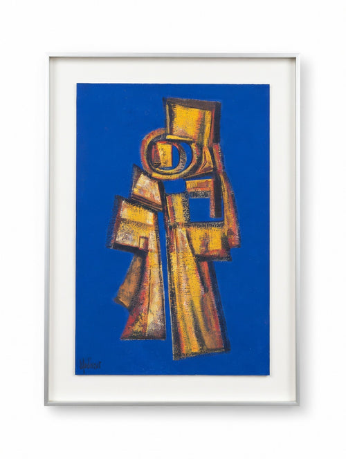 Composition abstraite encadrée de Madiano Tomei, tons bleu et ocre