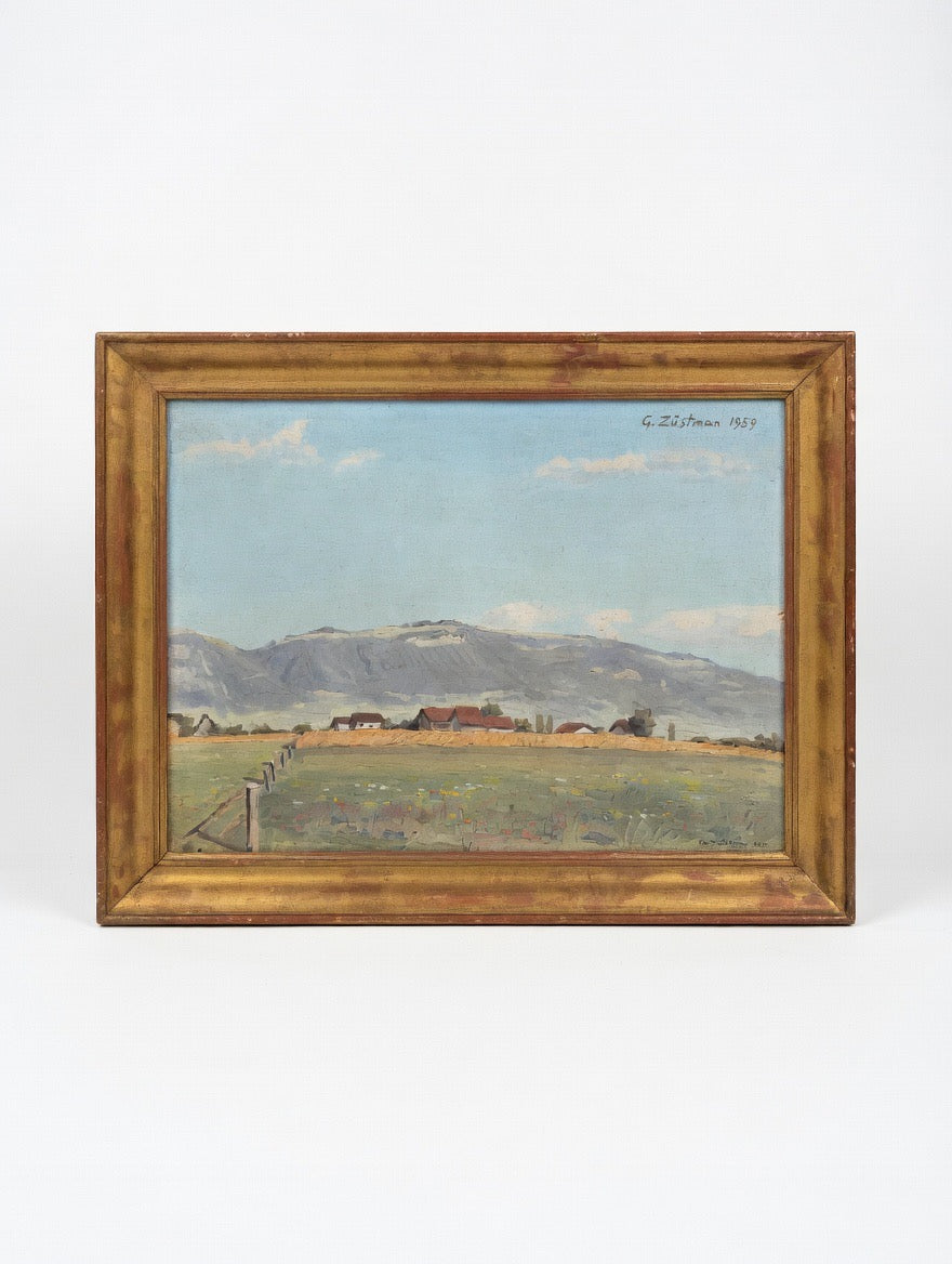 Peinture de paysage du Salève par C. Zwahlen, cadre doré