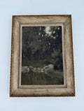 Peinture d'un étang en sous-bois, tableau non signé, cadre ancien