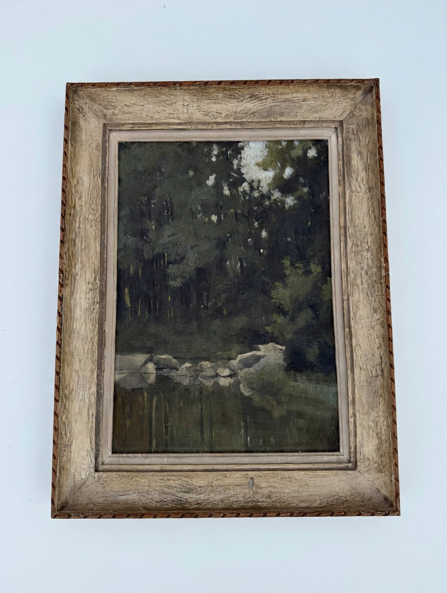 Peinture d'un étang en sous-bois, tableau non signé, cadre ancien