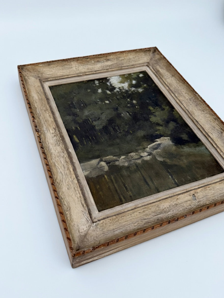 Paysage d'étang en sous-bois, détail de la peinture à l'huile