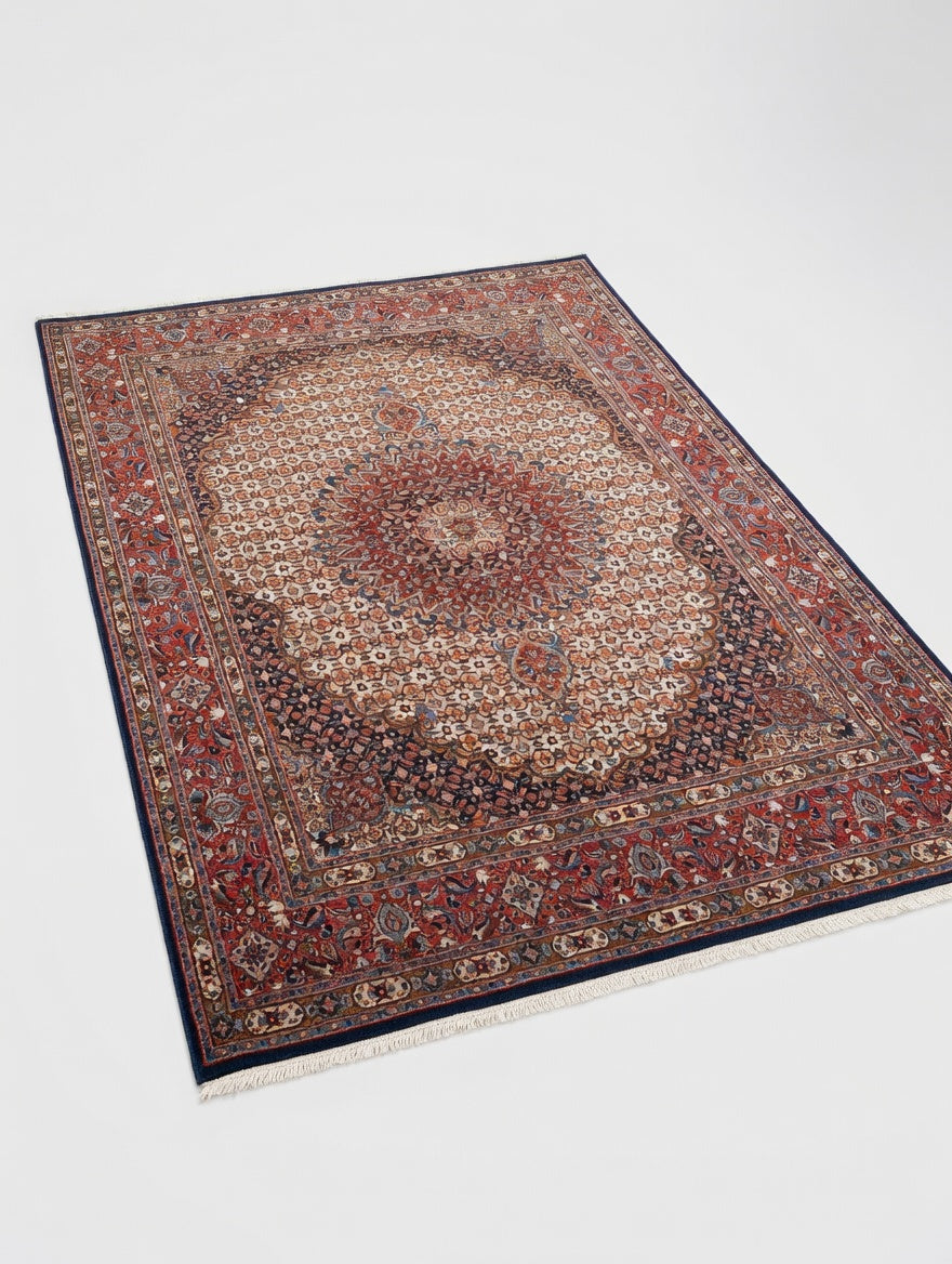 Tapis persan Kashan, vue de la bordure et des motifs floraux