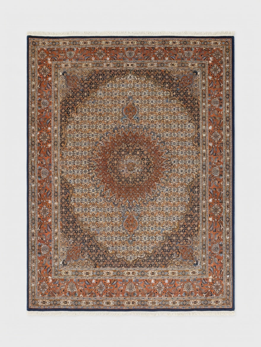 Tapis persan Kashan noué main, médaillon floral, laine sur laine